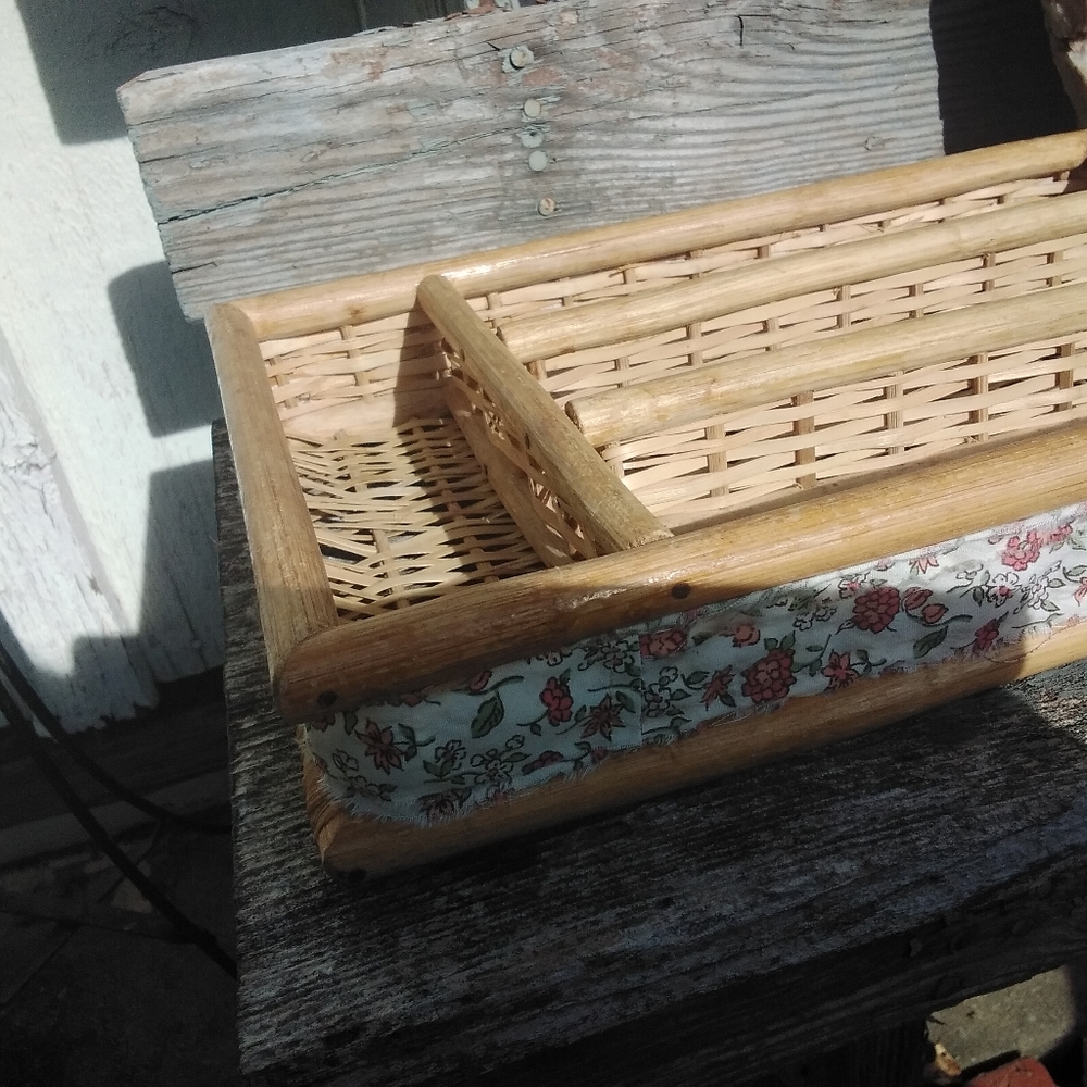 5 For $50🔥  Vintage Woven Bamboo Cutlery Or Desk Tray W Added Ribbon Trim - Picture 7 of 10